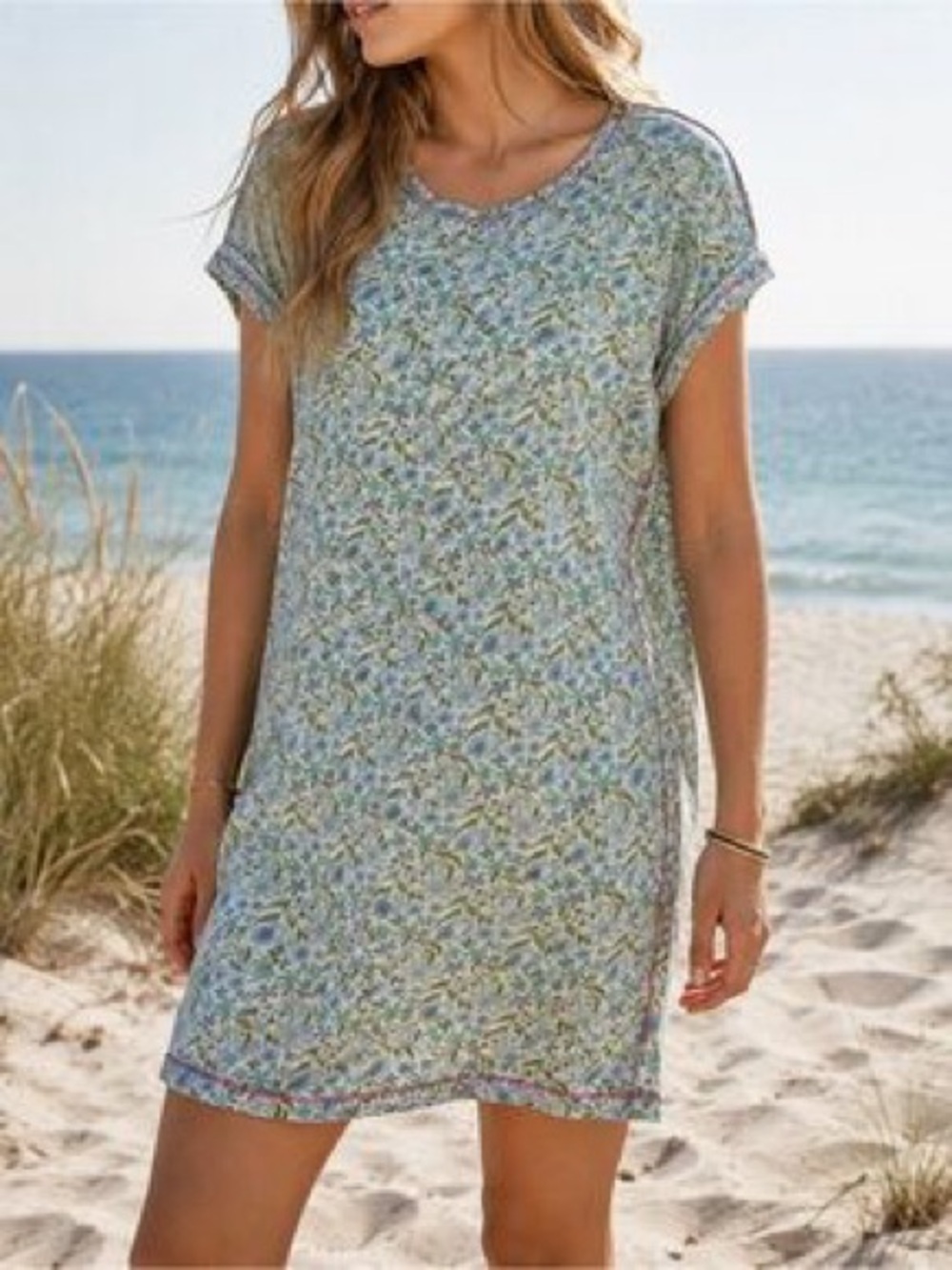 NWT NATURAL LIFE Blue and Green Floral Cotton Lightweight Dress Medium